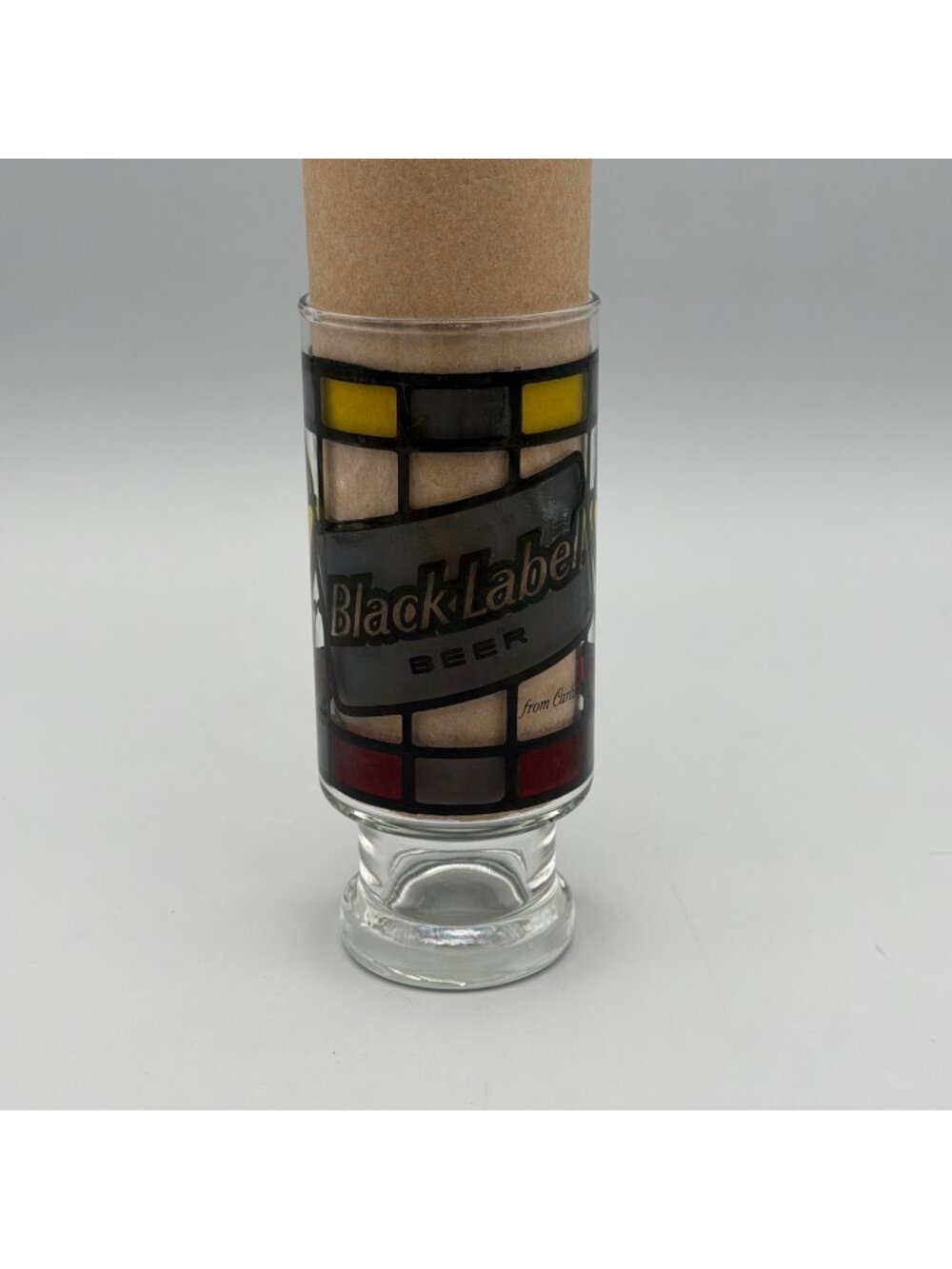 Vintage Stained Glass Design Black Label 14oz. Pedestal 6.5" Beer Glass